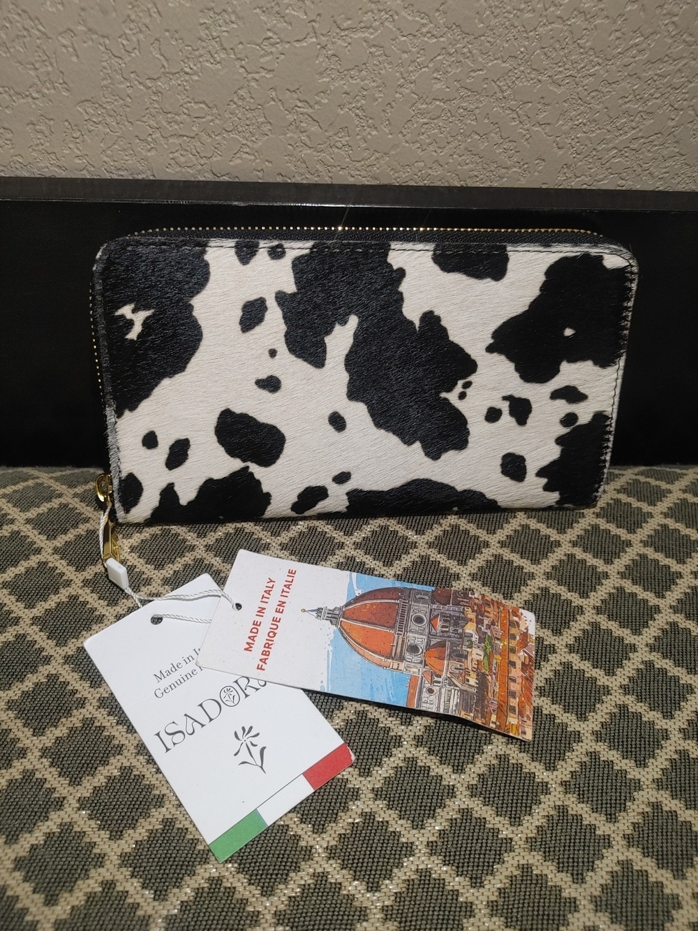 Isadora Italian Leather Cow Hair On Hide Black and White Cowhide Zip Wallet
